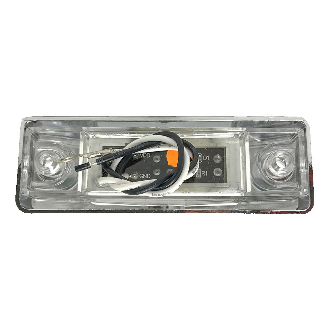 MARKER LIGHT 1X4 3 LED RED LED CLEAR LENS W/PLASTIC CHROME BEZEL & BULLET PLUG